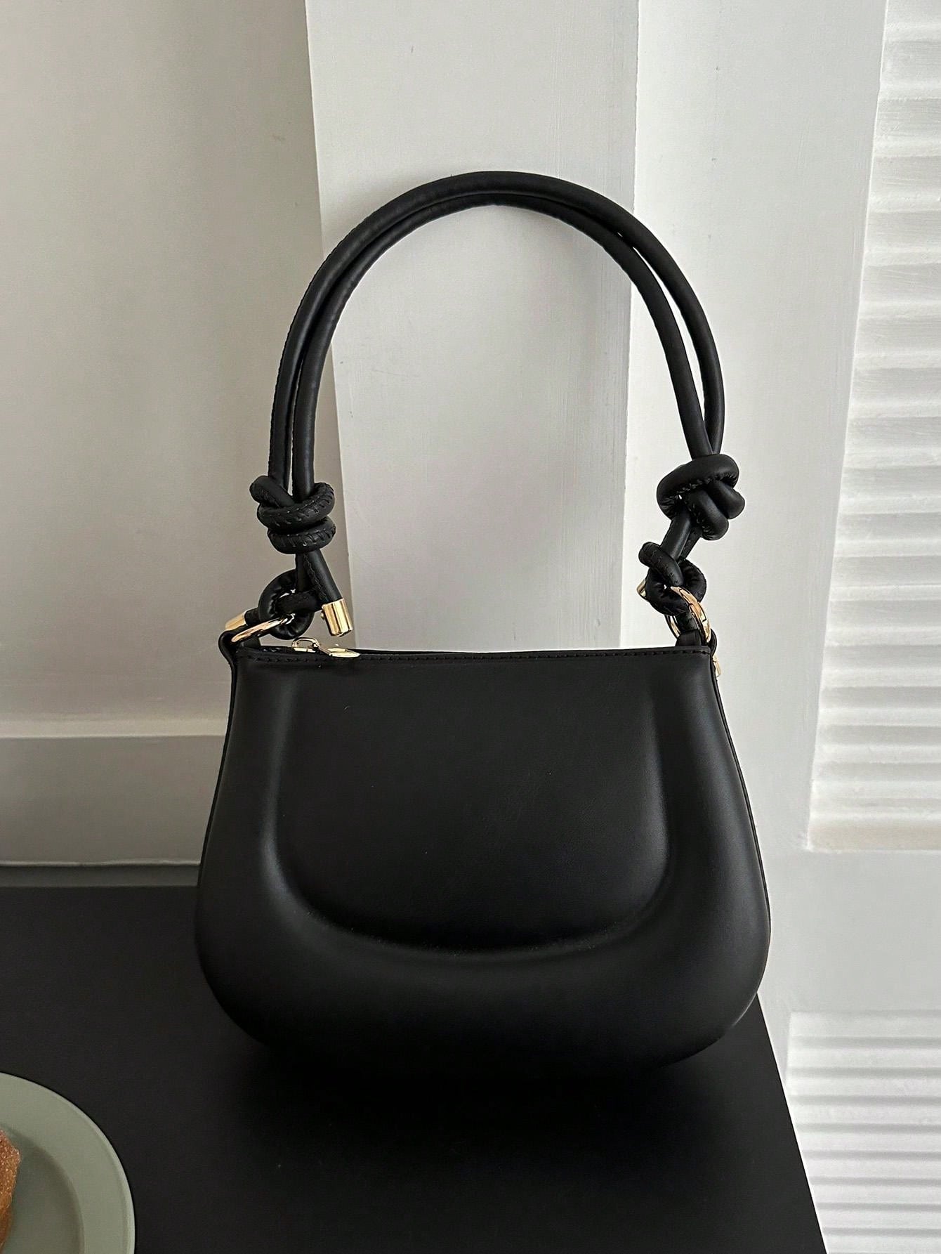 New women's mini shoulder bag simple solid color versatile small square bag Knotted Strap Shoulder Bag Solid Color Zipper Underarm Bag PU Leather Stylish Trendy Bag