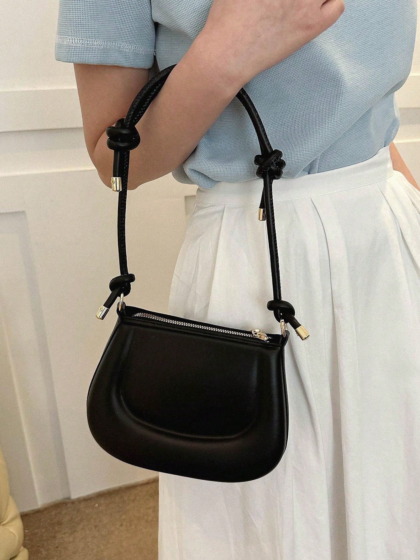 New women's mini shoulder bag simple solid color versatile small square bag Knotted Strap Shoulder Bag Solid Color Zipper Underarm Bag PU Leather Stylish Trendy Bag