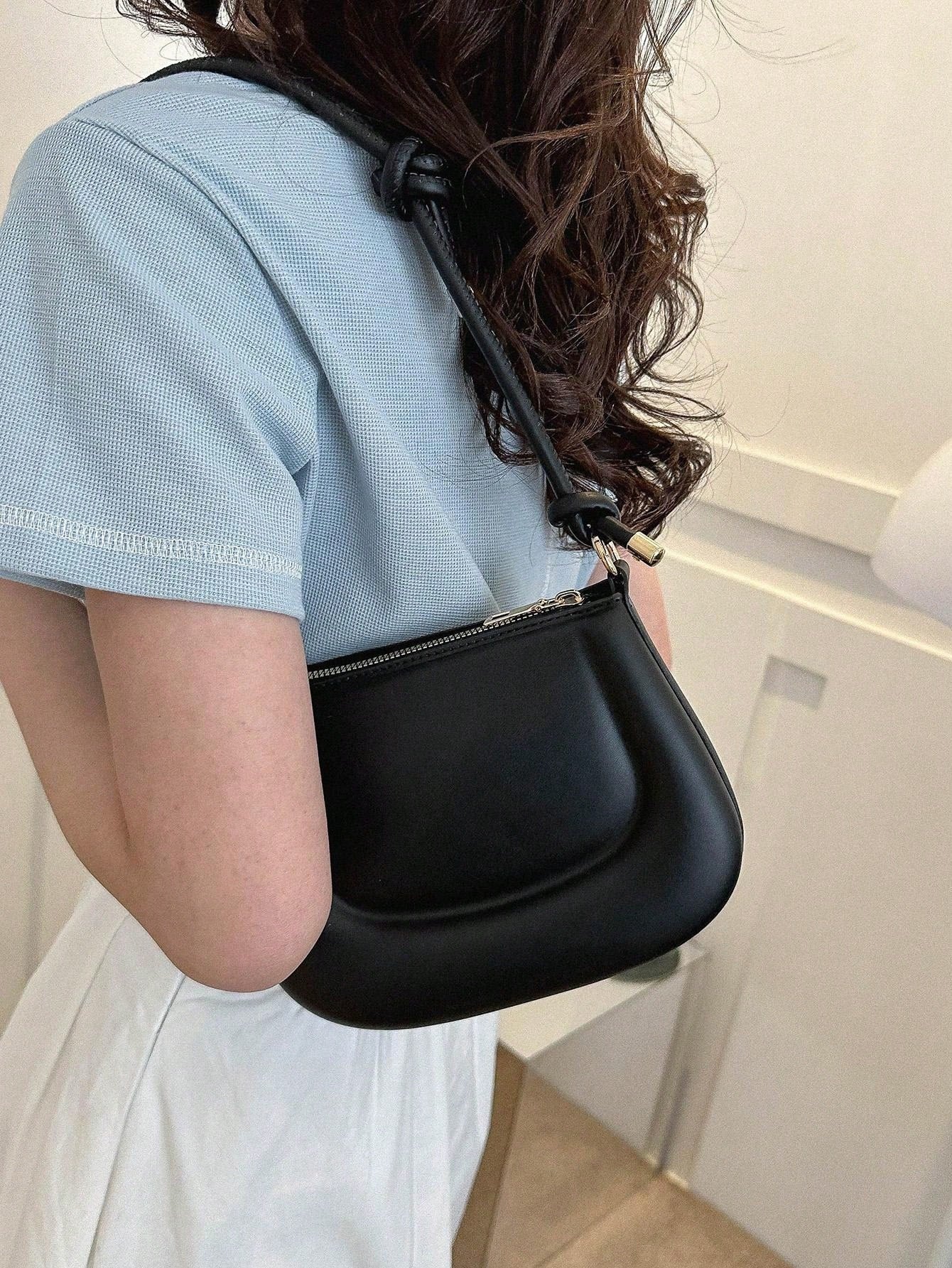 New women's mini shoulder bag simple solid color versatile small square bag Knotted Strap Shoulder Bag Solid Color Zipper Underarm Bag PU Leather Stylish Trendy Bag