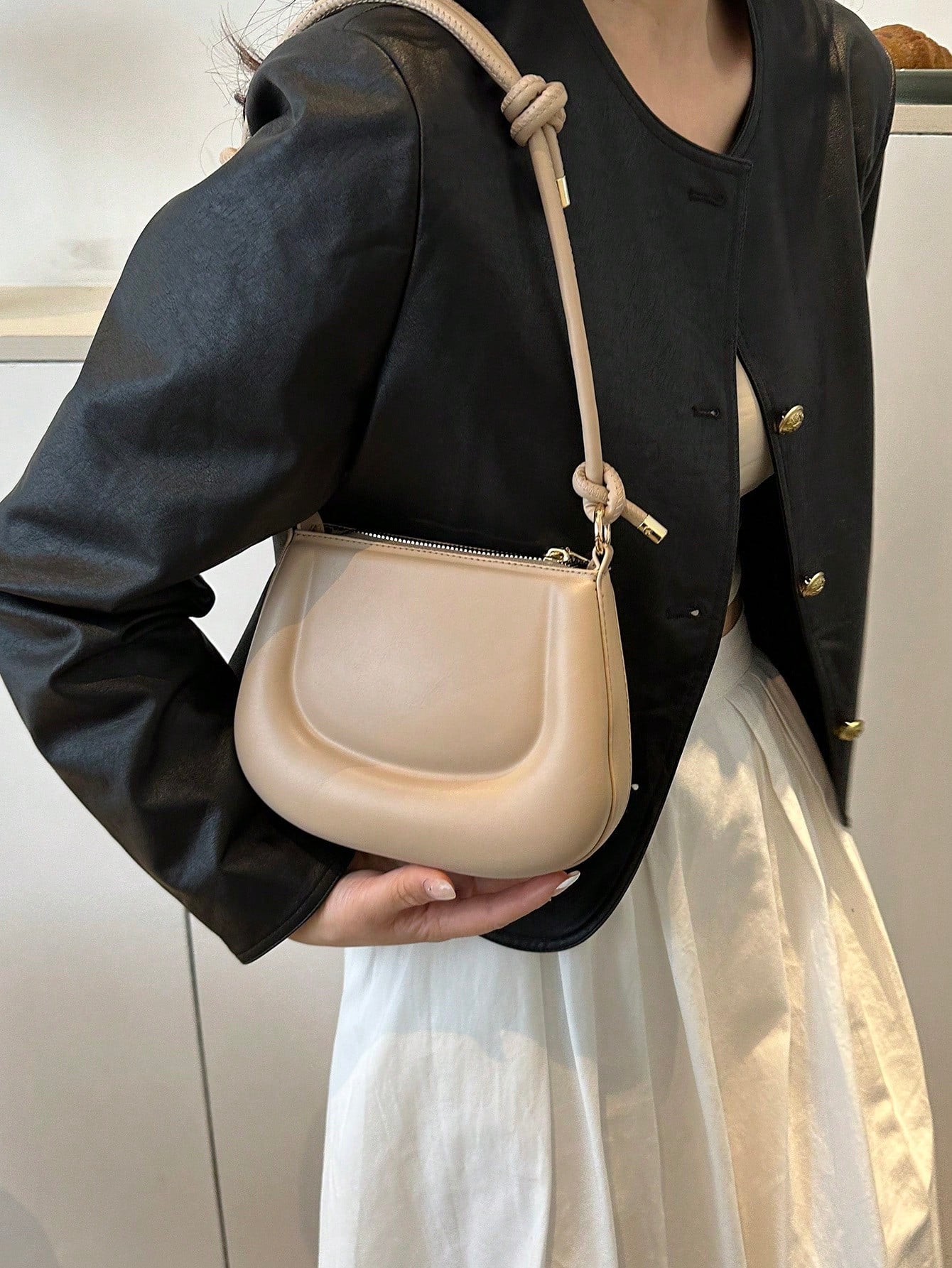 New women's mini shoulder bag simple solid color versatile small square bag Knotted Strap Shoulder Bag Solid Color Zipper Underarm Bag PU Leather Stylish Trendy Bag