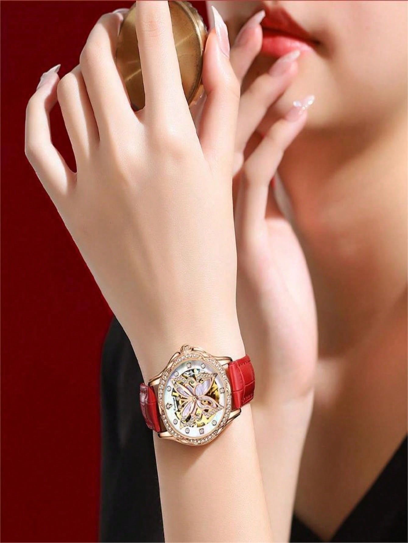 Kalunya Butterfly Dance Series Rose Gold Case White Dial Ladies' Automatic Mechanical Watch With Rose Gold Hands And Red Strap