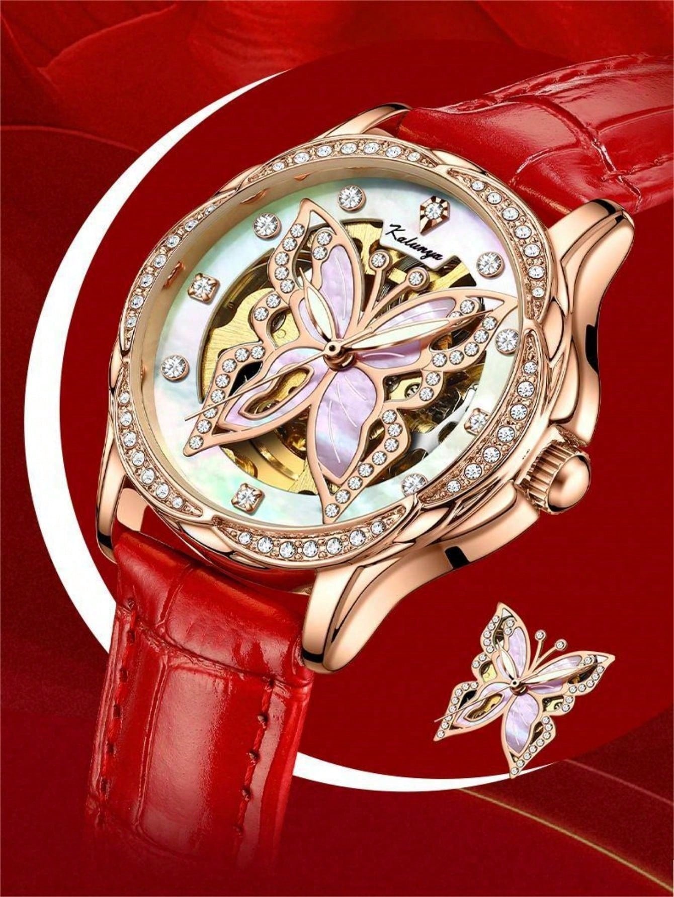 Kalunya Butterfly Dance Series Rose Gold Case White Dial Ladies' Automatic Mechanical Watch With Rose Gold Hands And Red Strap