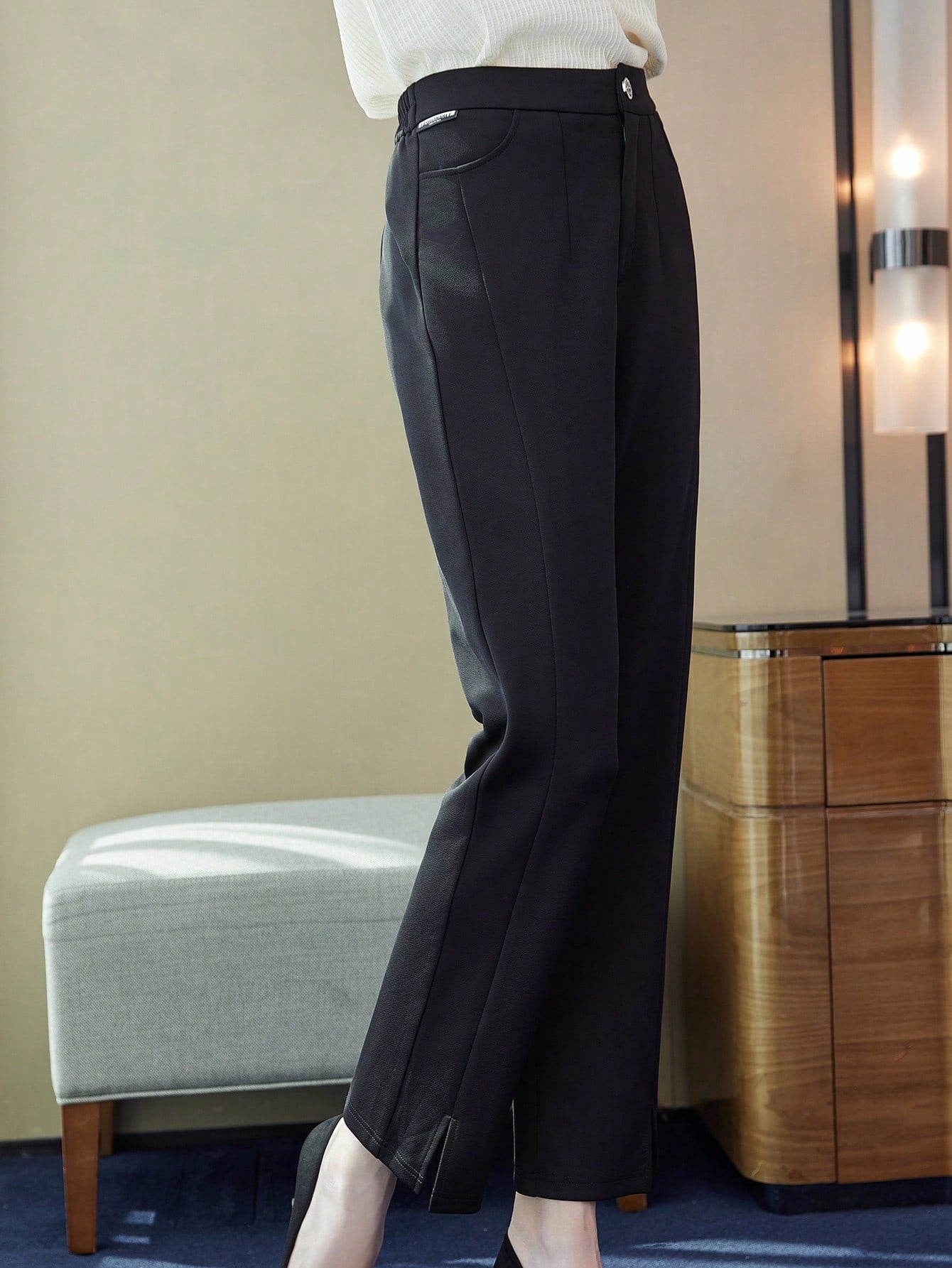 Solid Slant Pocket Straight Leg Pants