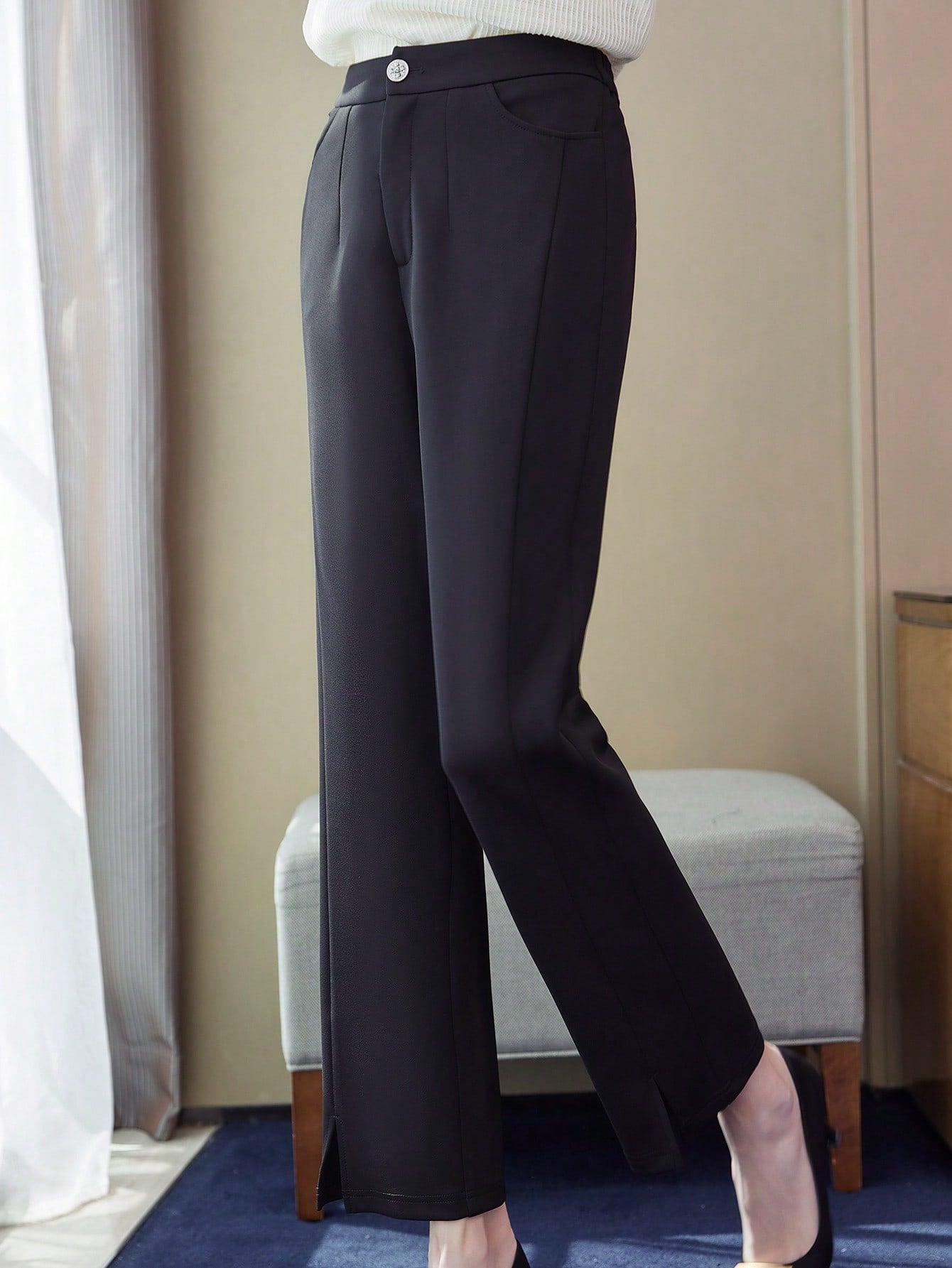 Solid Slant Pocket Straight Leg Pants