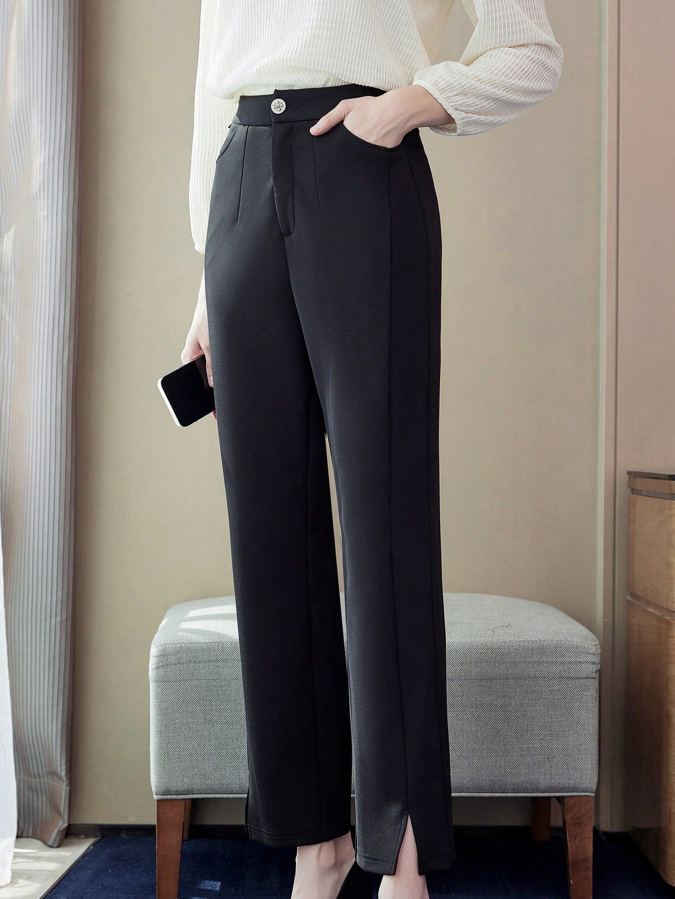 Solid Slant Pocket Straight Leg Pants