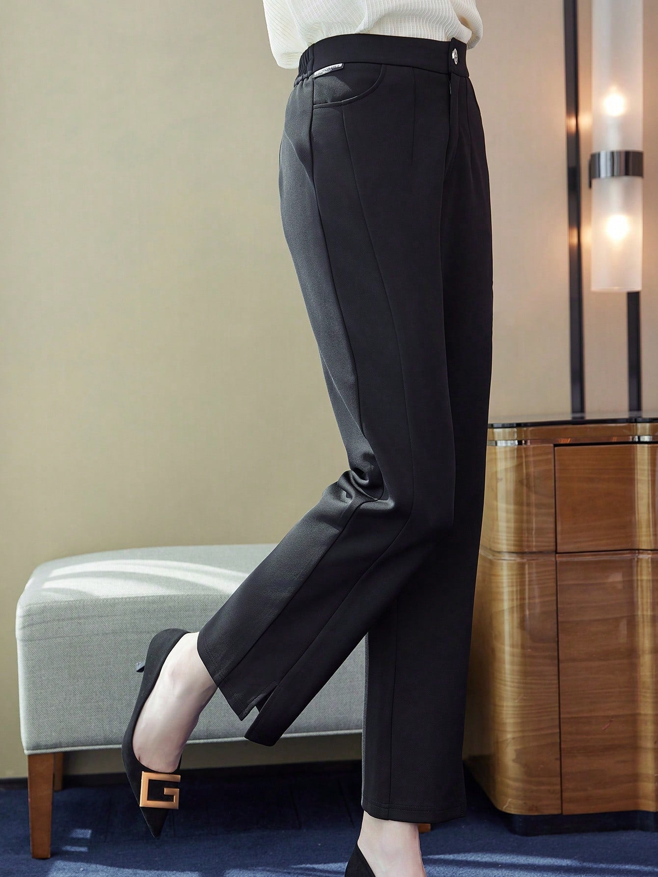 Solid Slant Pocket Straight Leg Pants