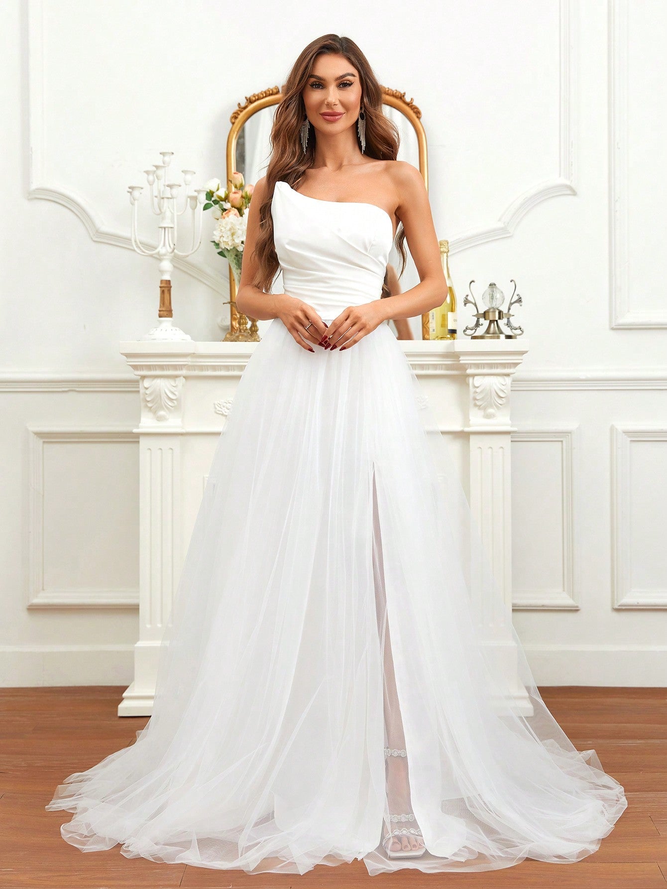 Belle One Shoulder Split Thigh Mesh Wedding Dress