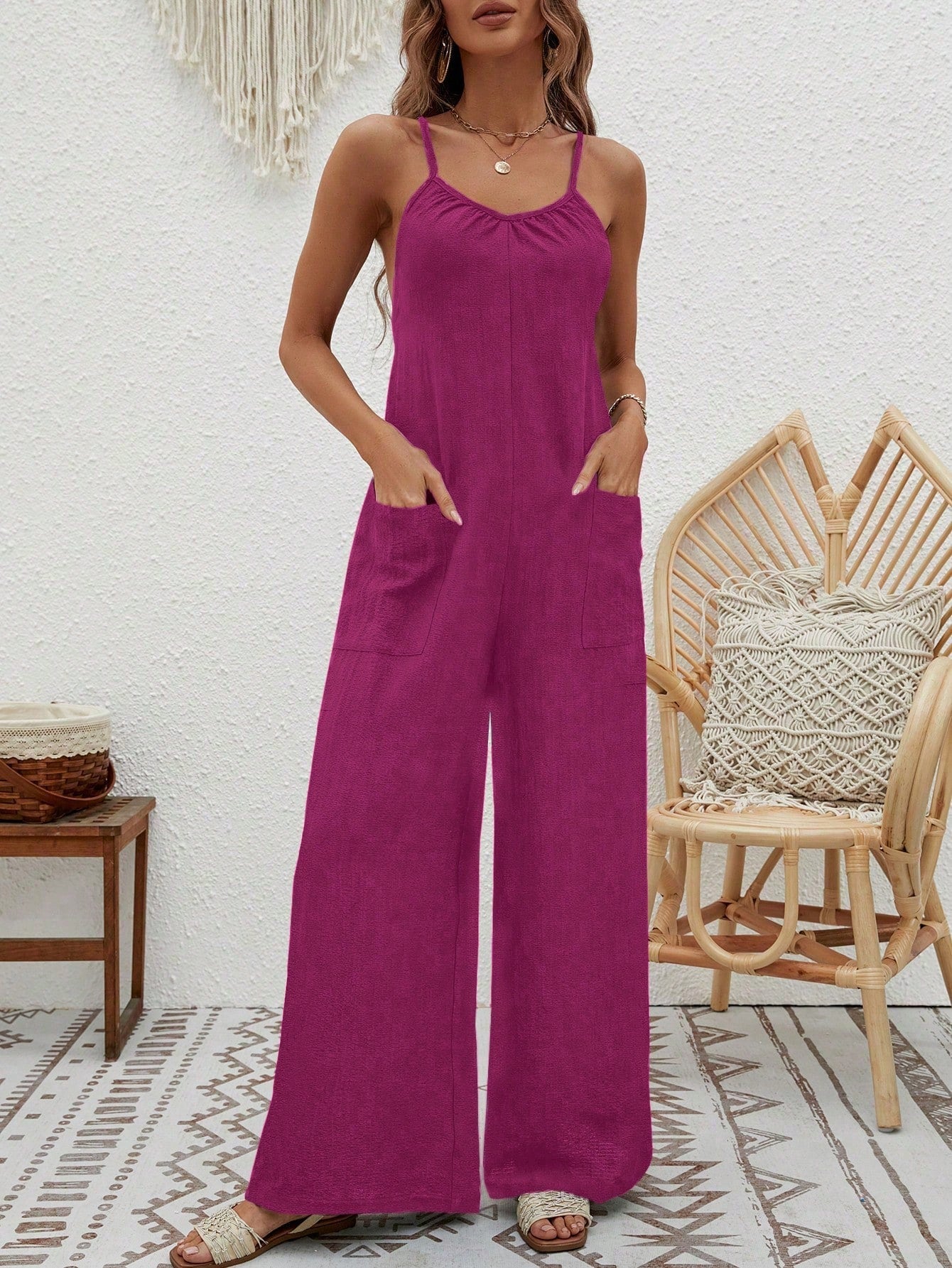 VCAY Crisscross Backless Wide Leg Cami Jumpsuit