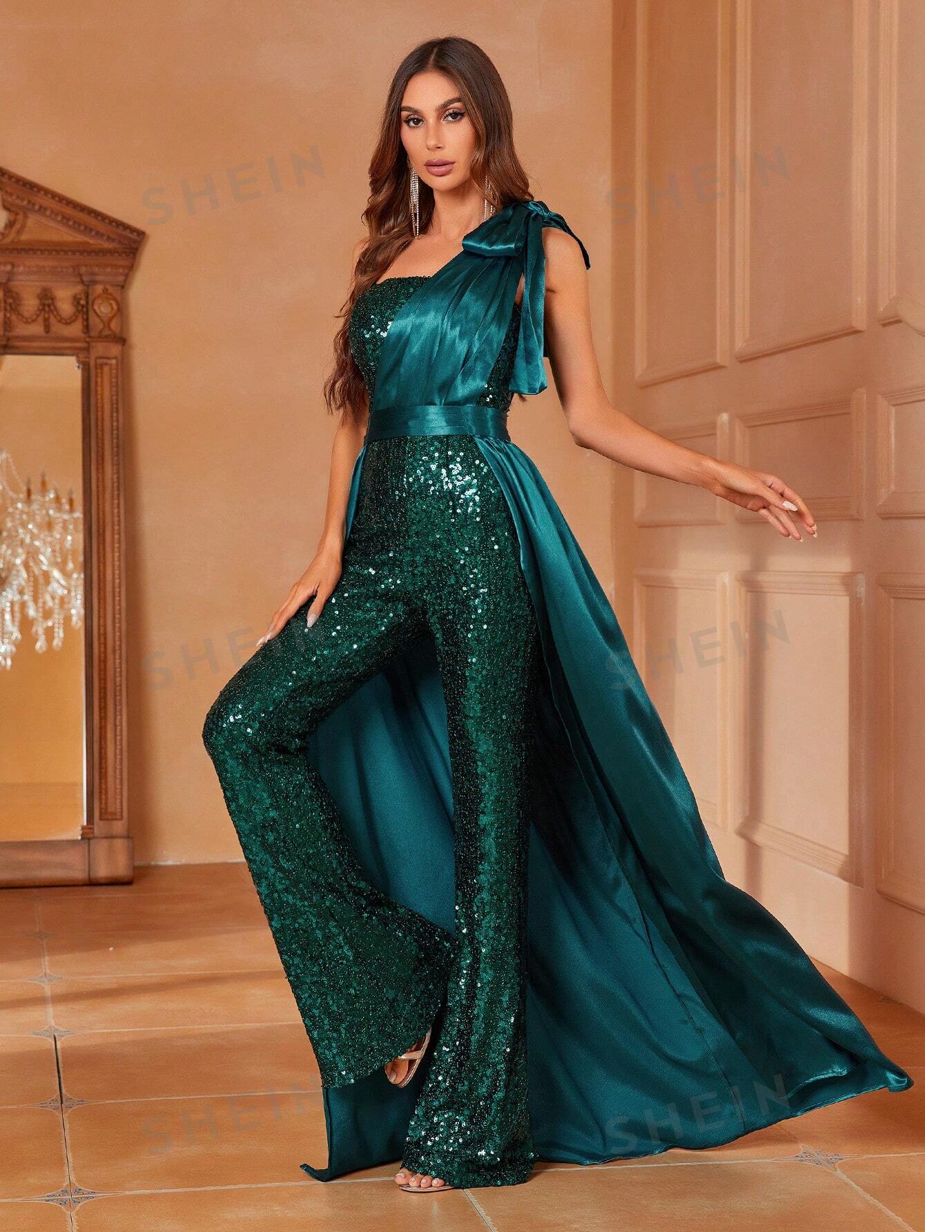 One Shoulder Bow Detail Sequin Party Jumpsuit With Skirt