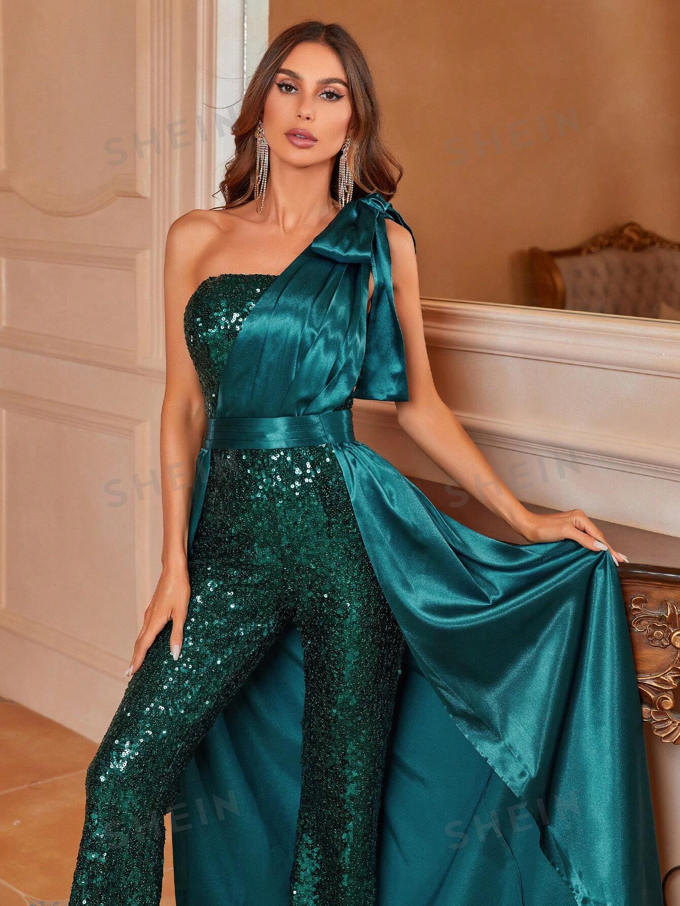 One Shoulder Bow Detail Sequin Party Jumpsuit With Skirt