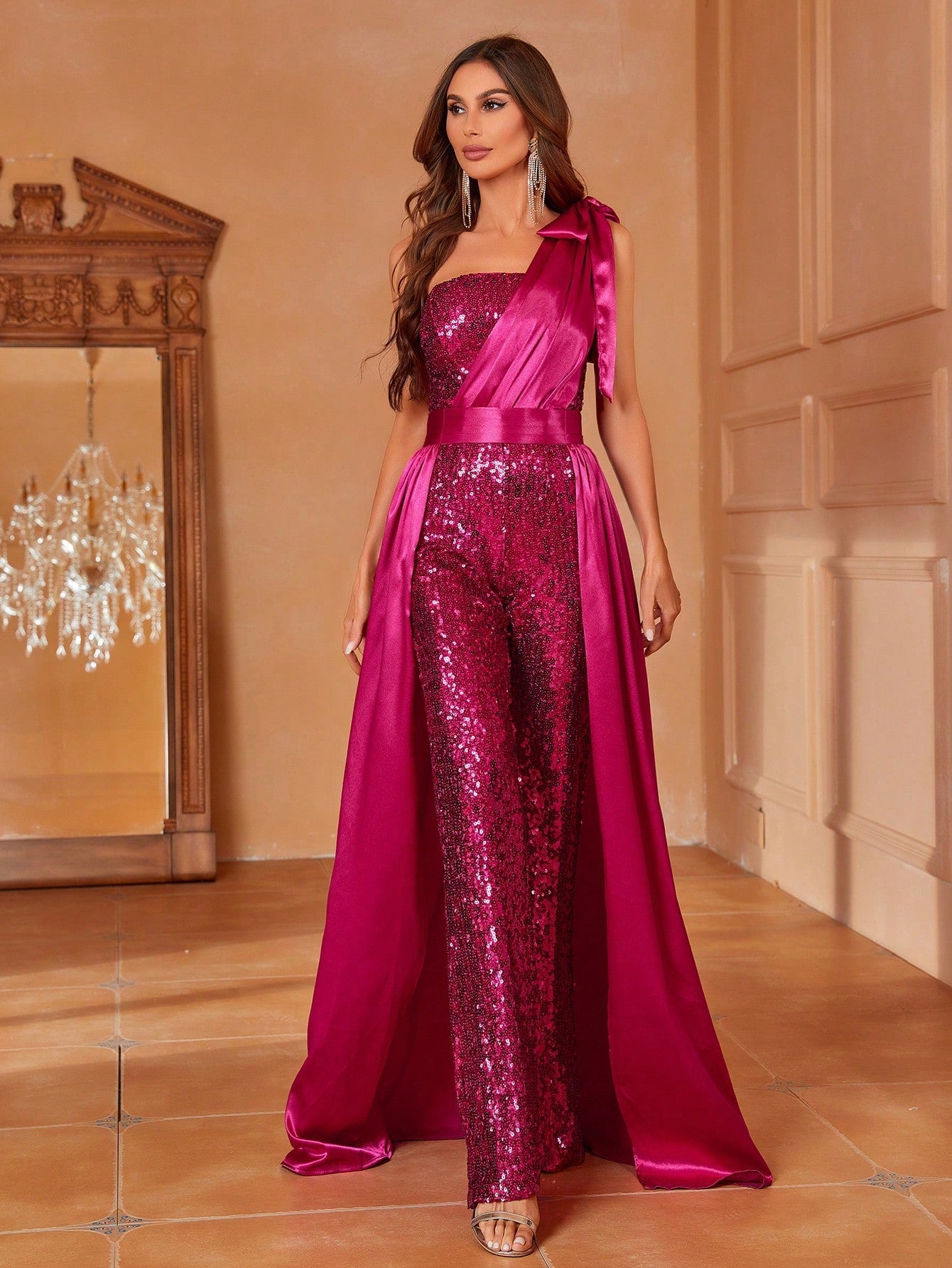 One Shoulder Bow Detail Sequin Party Jumpsuit With Skirt