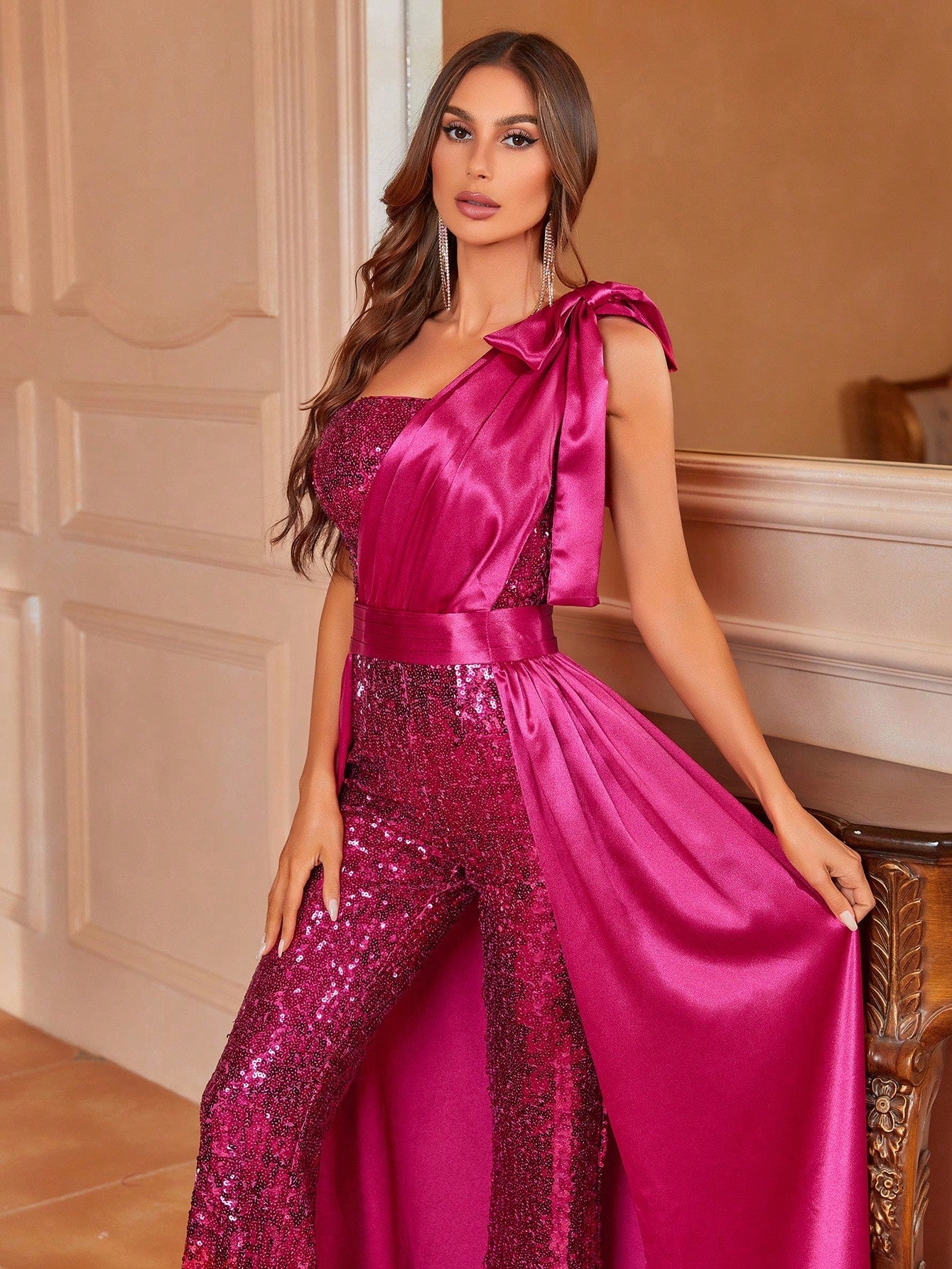 One Shoulder Bow Detail Sequin Party Jumpsuit With Skirt