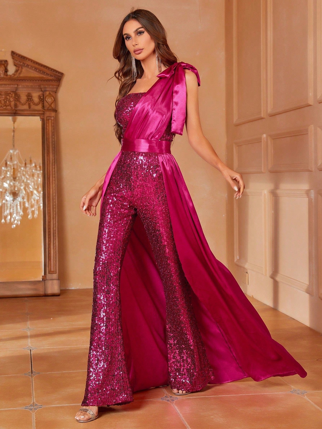 One Shoulder Bow Detail Sequin Party Jumpsuit With Skirt