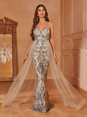 Mesh Panel Sequin Prom Dress