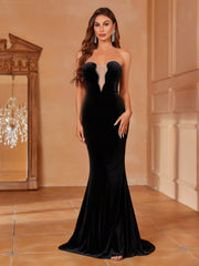 Contrast Mesh Mermaid Hem Velvet Tube Prom Dress