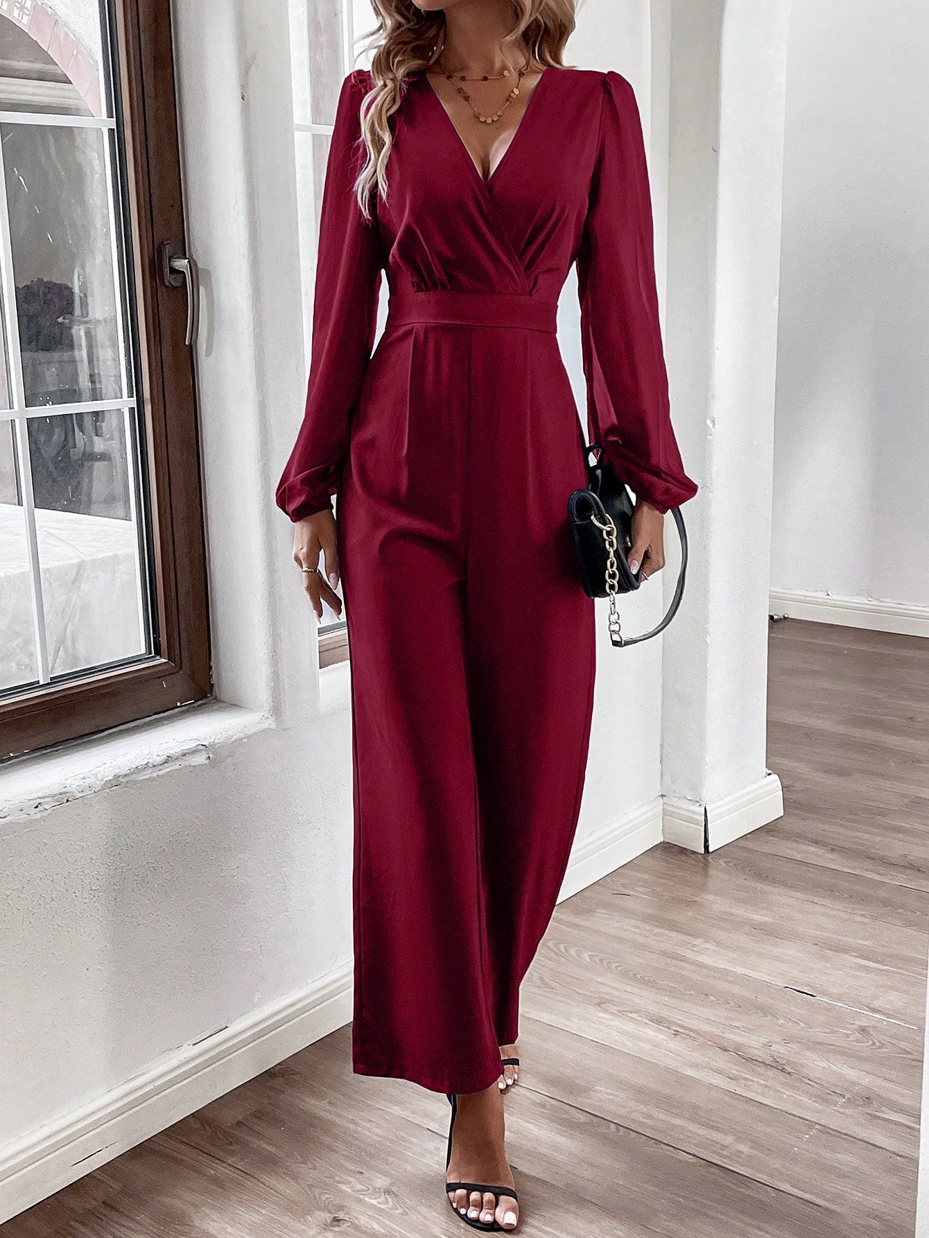 Frenchy Mesh Patchwork V-neck Lantern Sleeve Jumpsuit