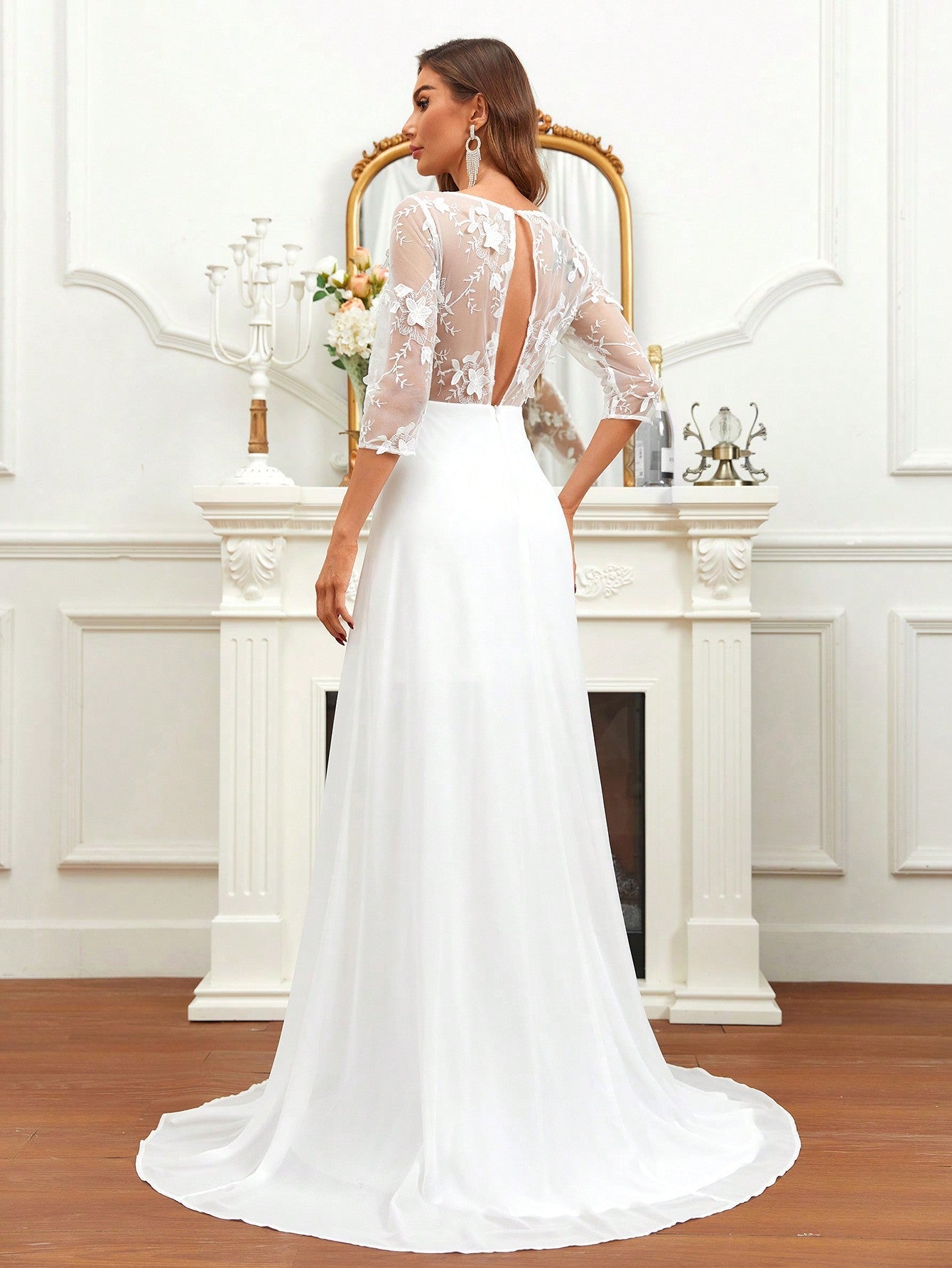 Belle Contrast Embroidery Mesh Floor Length Wedding Dress Without Veil