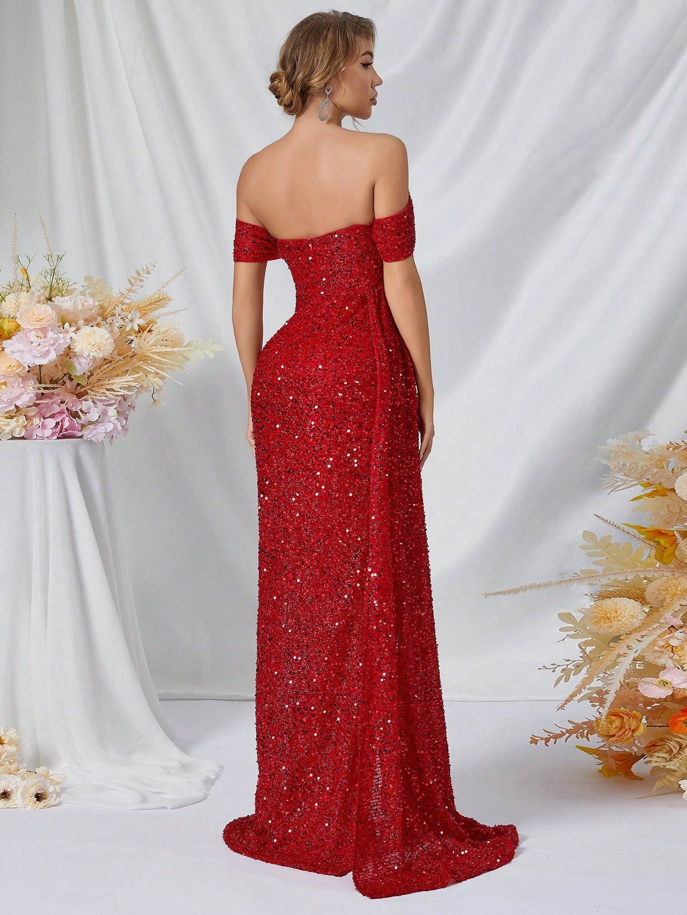 ADYCE Off Shoulder High Slit Sequin Party Evening Dress