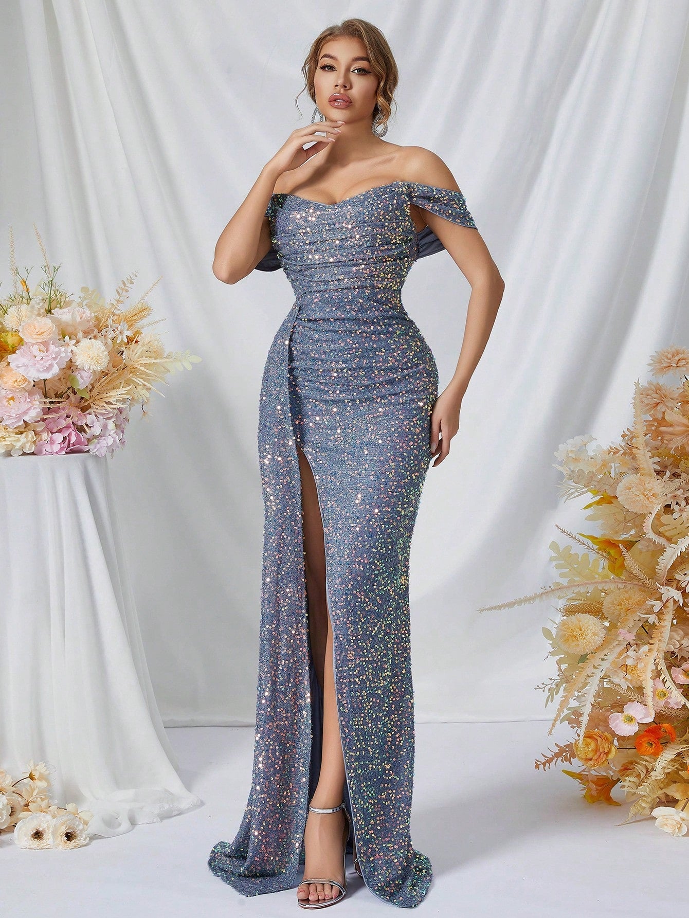 ADYCE Off Shoulder High Slit Sequin Party Evening Dress