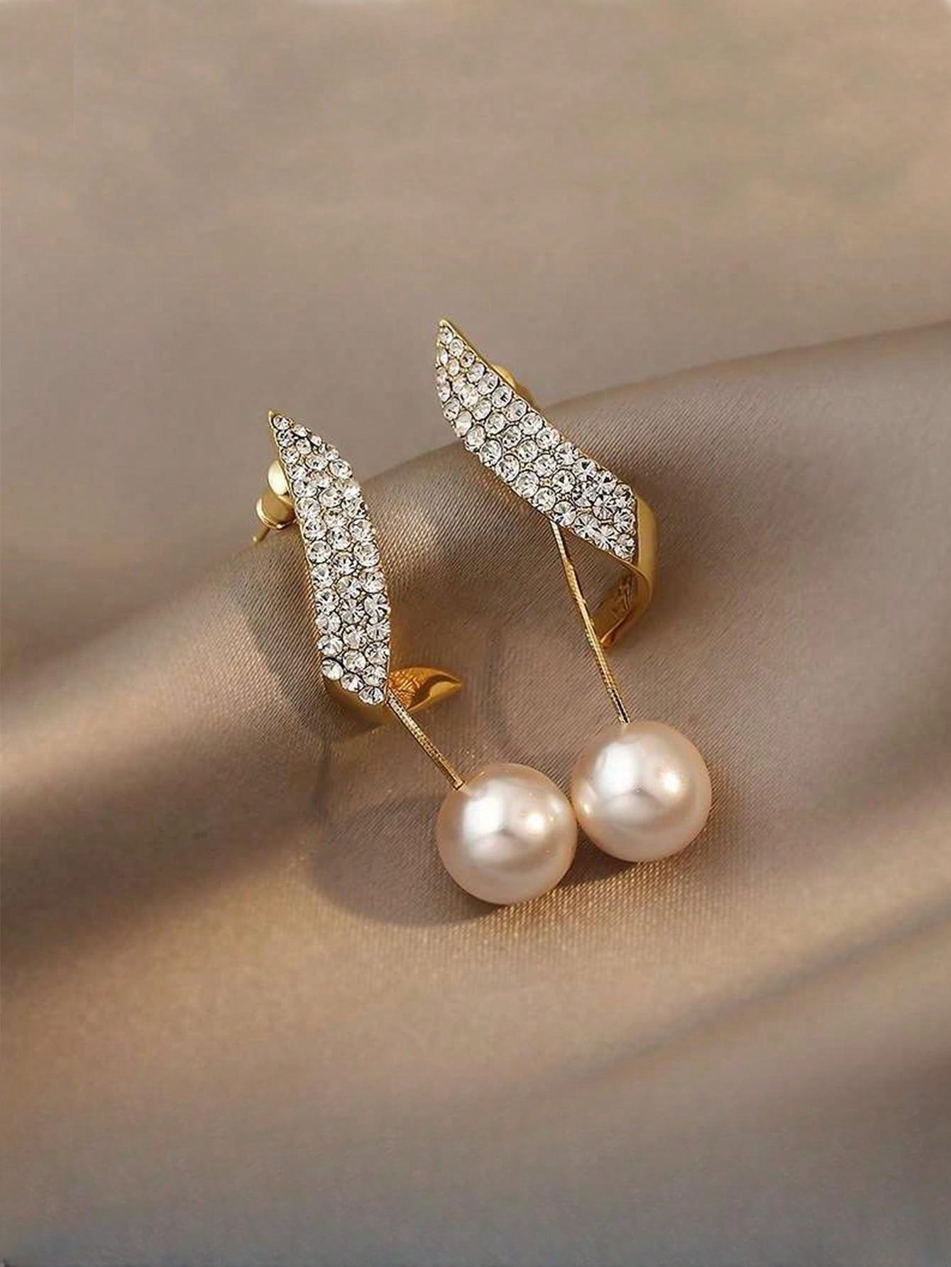 2pcs Elegant Pearl & Rhinestone Inlaid Long Earrings, European And American Fashion, Temperament Earring Accessories Suitable For Women's Daily Wear