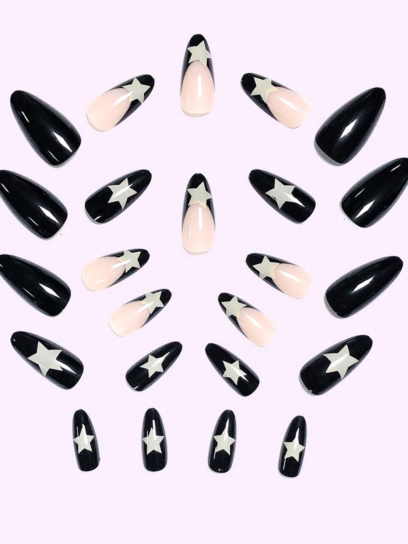 24 Pieces Medium Length Almond Nails Black French Cream White Stars Full Coverage False Nails for Ladies and Girls