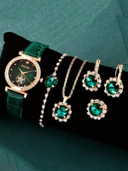 6pcs/set Fashionable Women's Green Dial Simple Scale Rhinestone Jewelry Pu Quartz Bracelet Watch Set