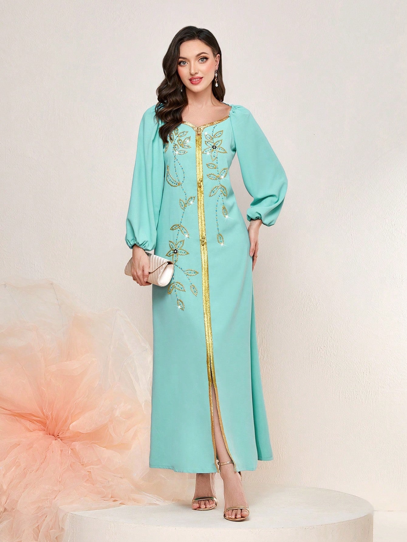 Najma Floral Embroidery Lantern Sleeve Split Hem Kaftan