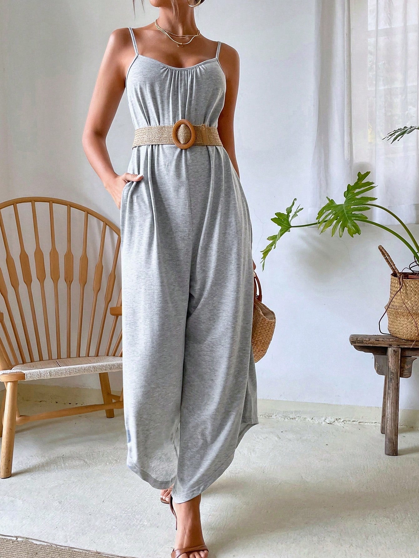 VCAY Striped Print Asymmetrical Hem Cami Jumpsuit