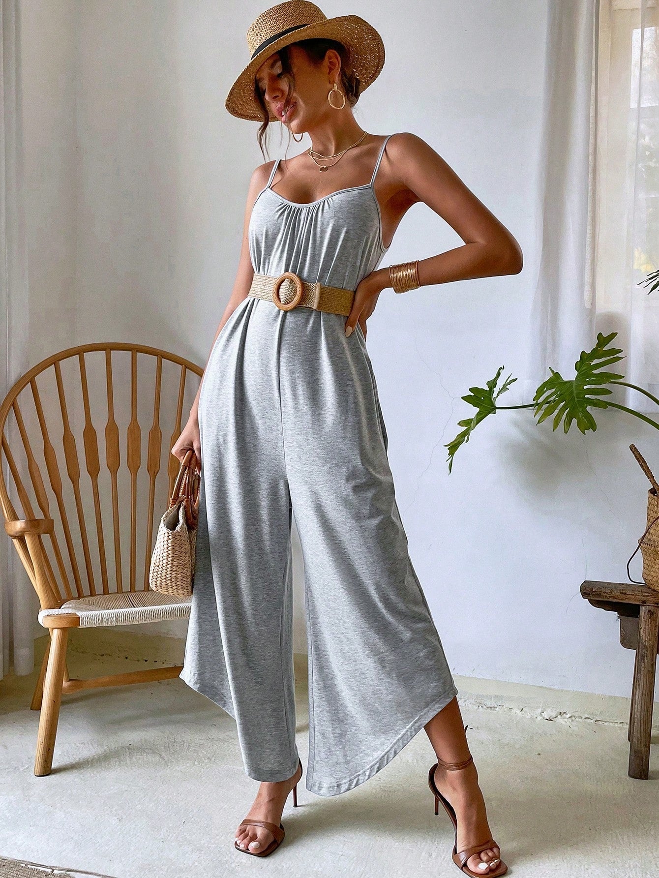 VCAY Striped Print Asymmetrical Hem Cami Jumpsuit