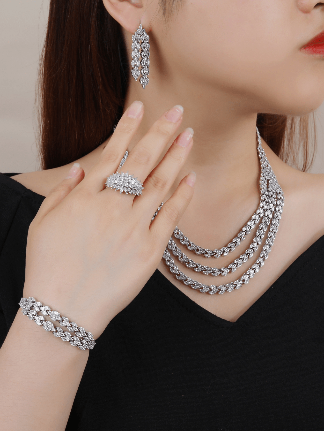 4pcs Luxury Rhodium Platinum Plating Jewelry Set Double/Triple Layered New Design Necklace Wedding Party Bridal   Halloween