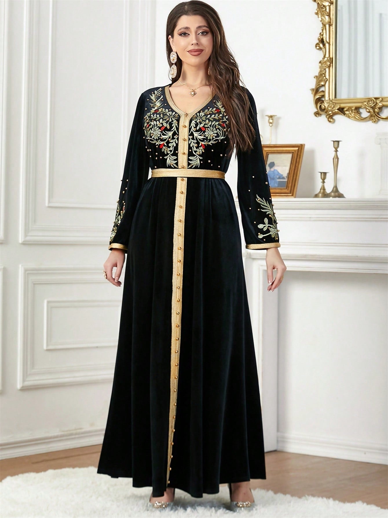 Floral Embroidery Contrast Trim Velvet Kaftan