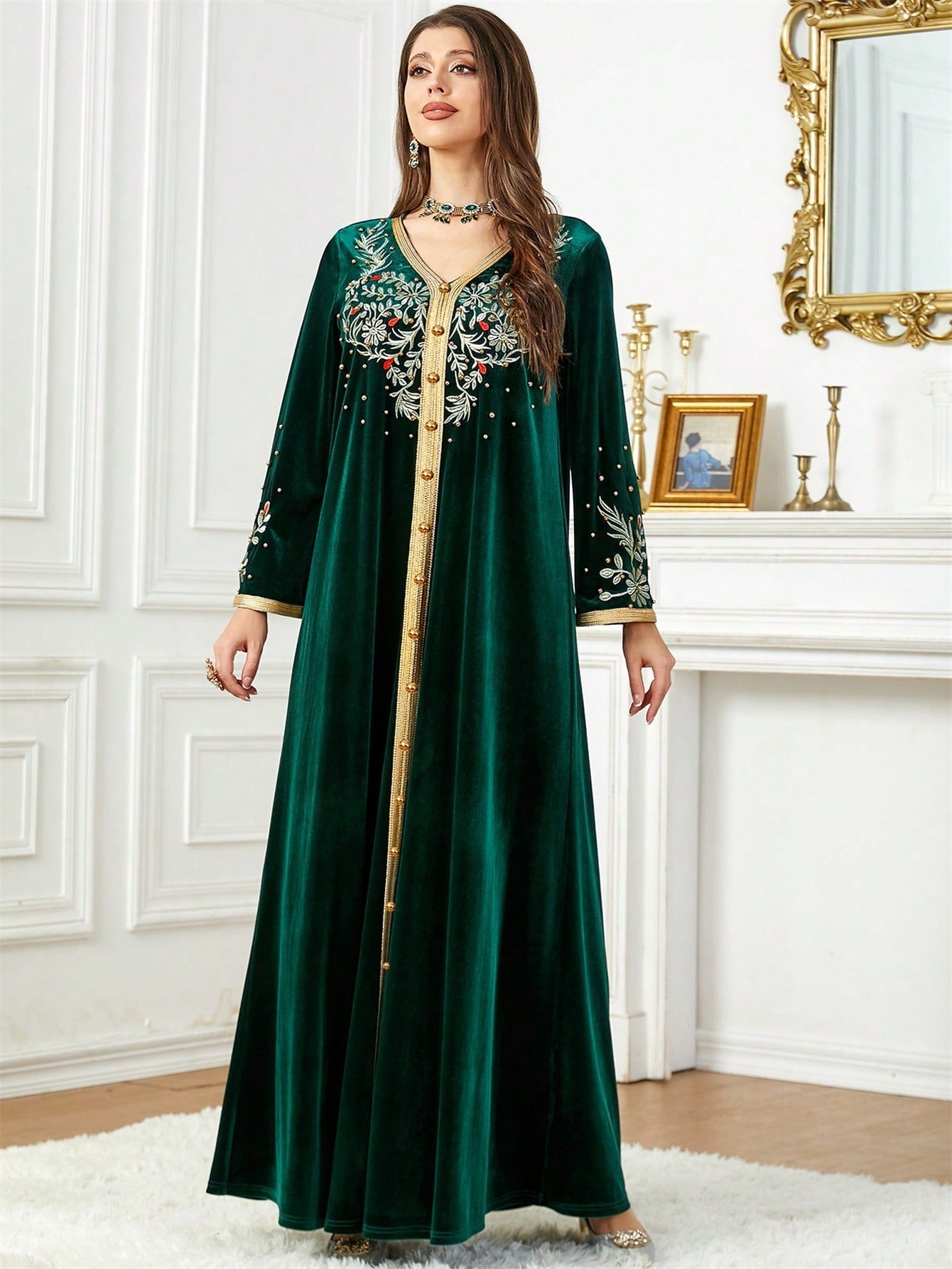 Floral Embroidery Contrast Trim Velvet Kaftan