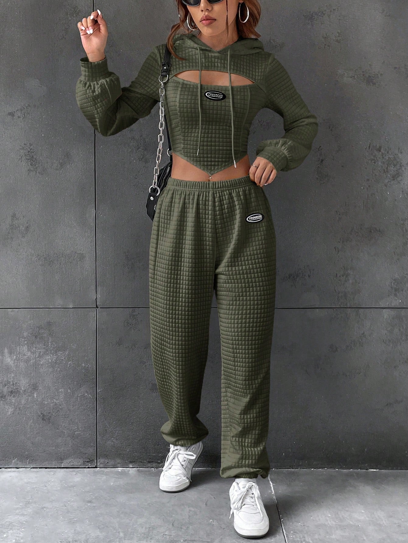 Coolane Letter Patched Detail Cutout Drawstring Hoodie & Sweatpants