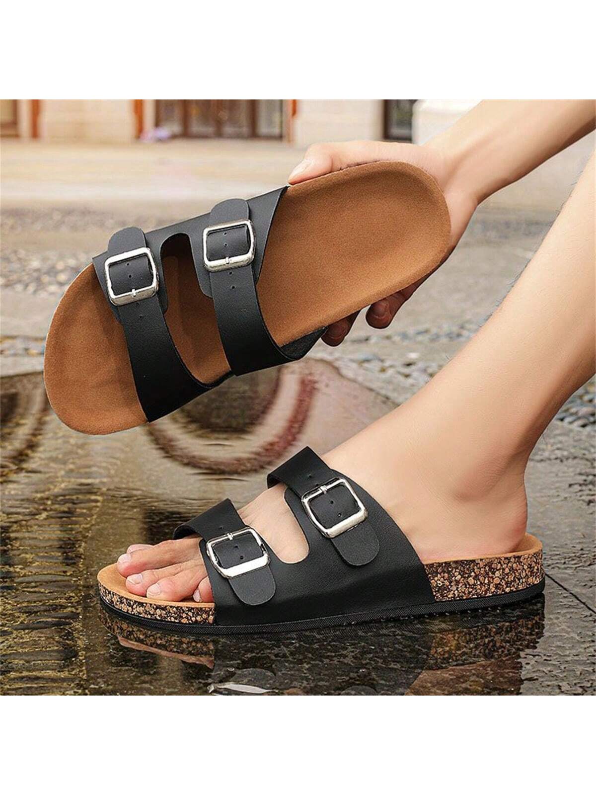 Men's Plus Size Soft And Anti-skid Pu Sole Slippers, Indoor Or Outdoor Beach Sandals For Couples