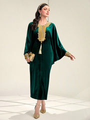 Najma Contrast Panel Tassel Detail Batwing Sleeve Velvet Kaftan