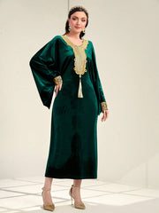 Najma Contrast Panel Tassel Detail Batwing Sleeve Velvet Kaftan