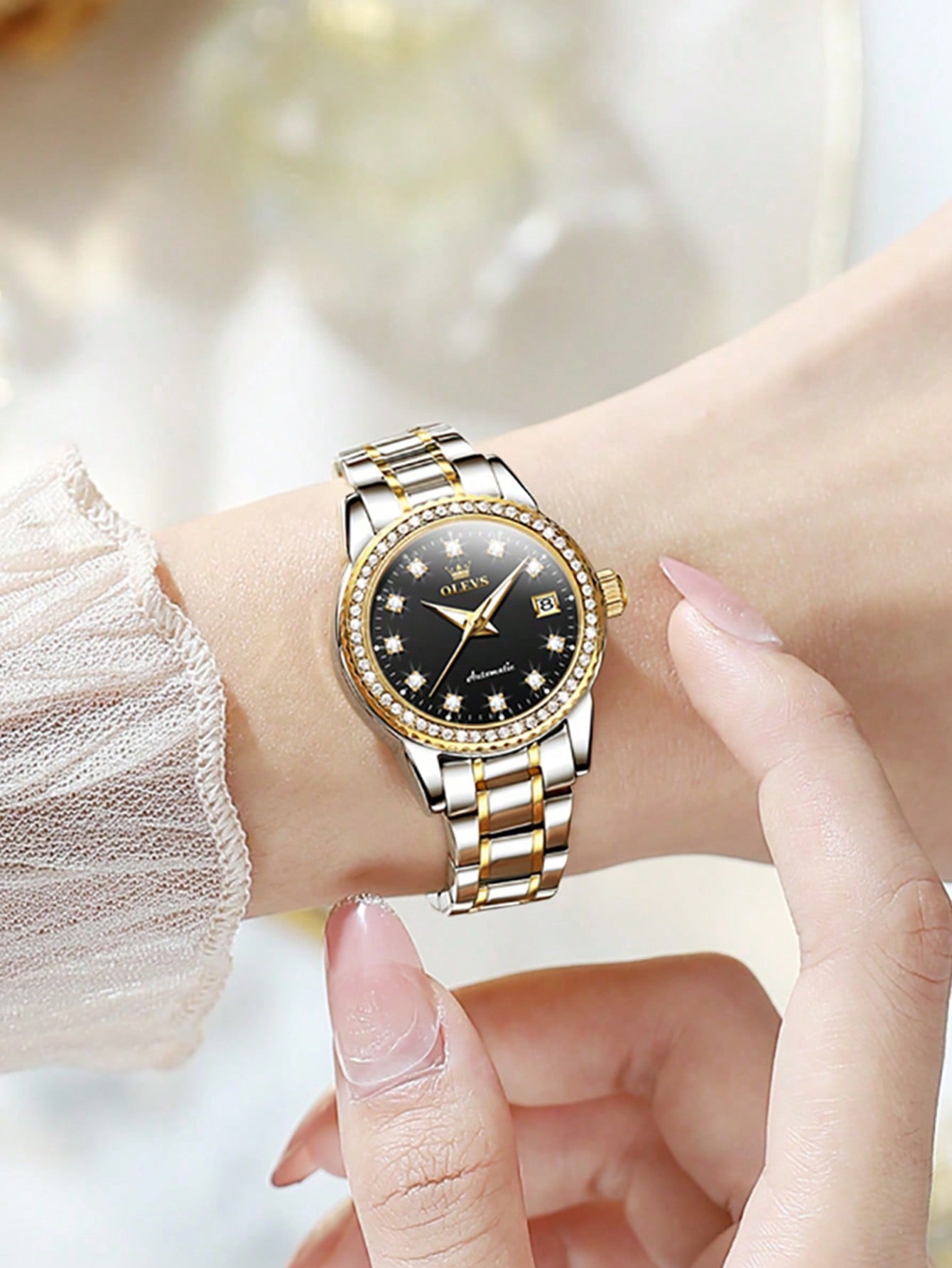 Olevs Original Diamond Dial Automatic Mechanical Women's Watch, Fashionable And Waterproof, Glowing Effect And Stainless Steel