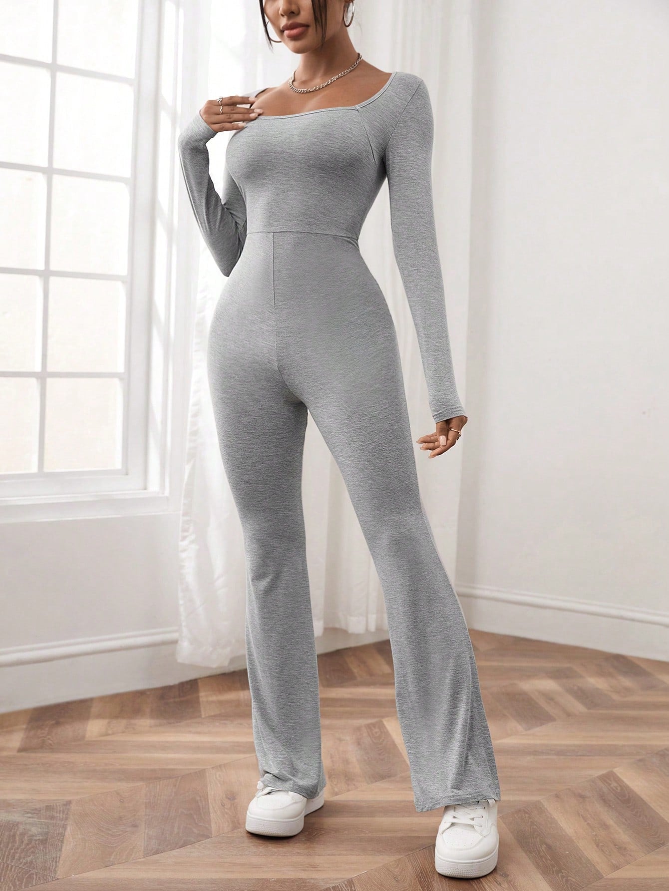 EZwear Square Neck Flare Leg Jumpsuit