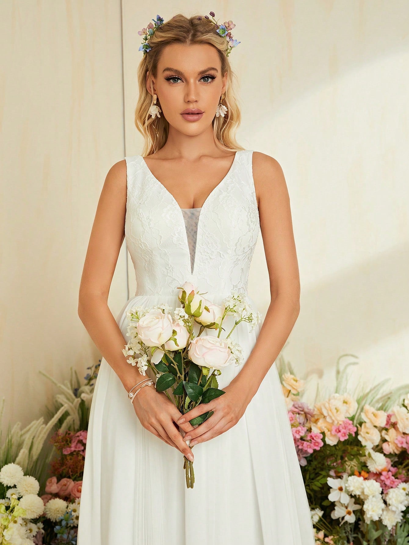 Contrast Lace Mesh Maxi Wedding Dress