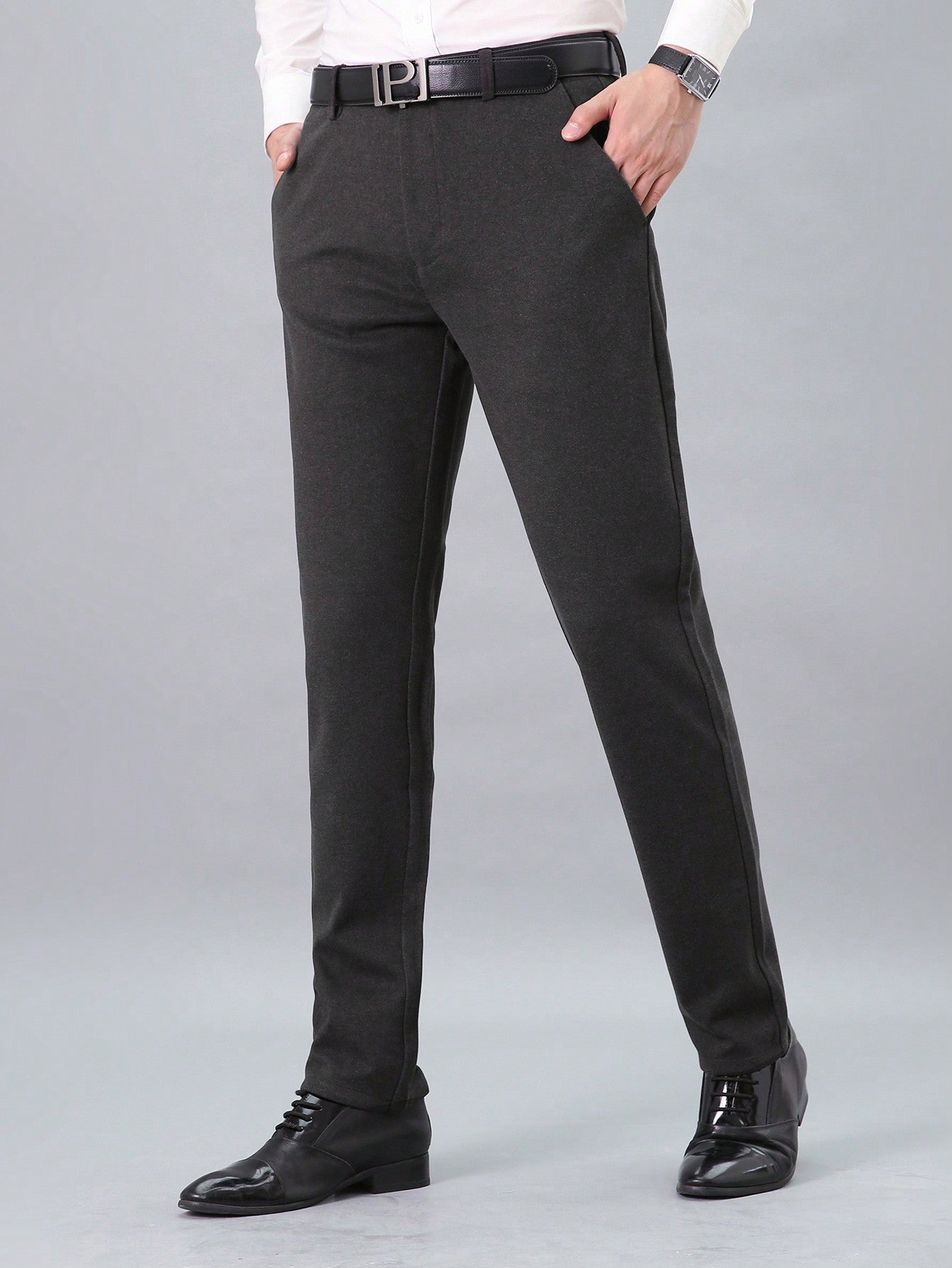 Men Solid Slant Pocket Suit Pants Without Belt