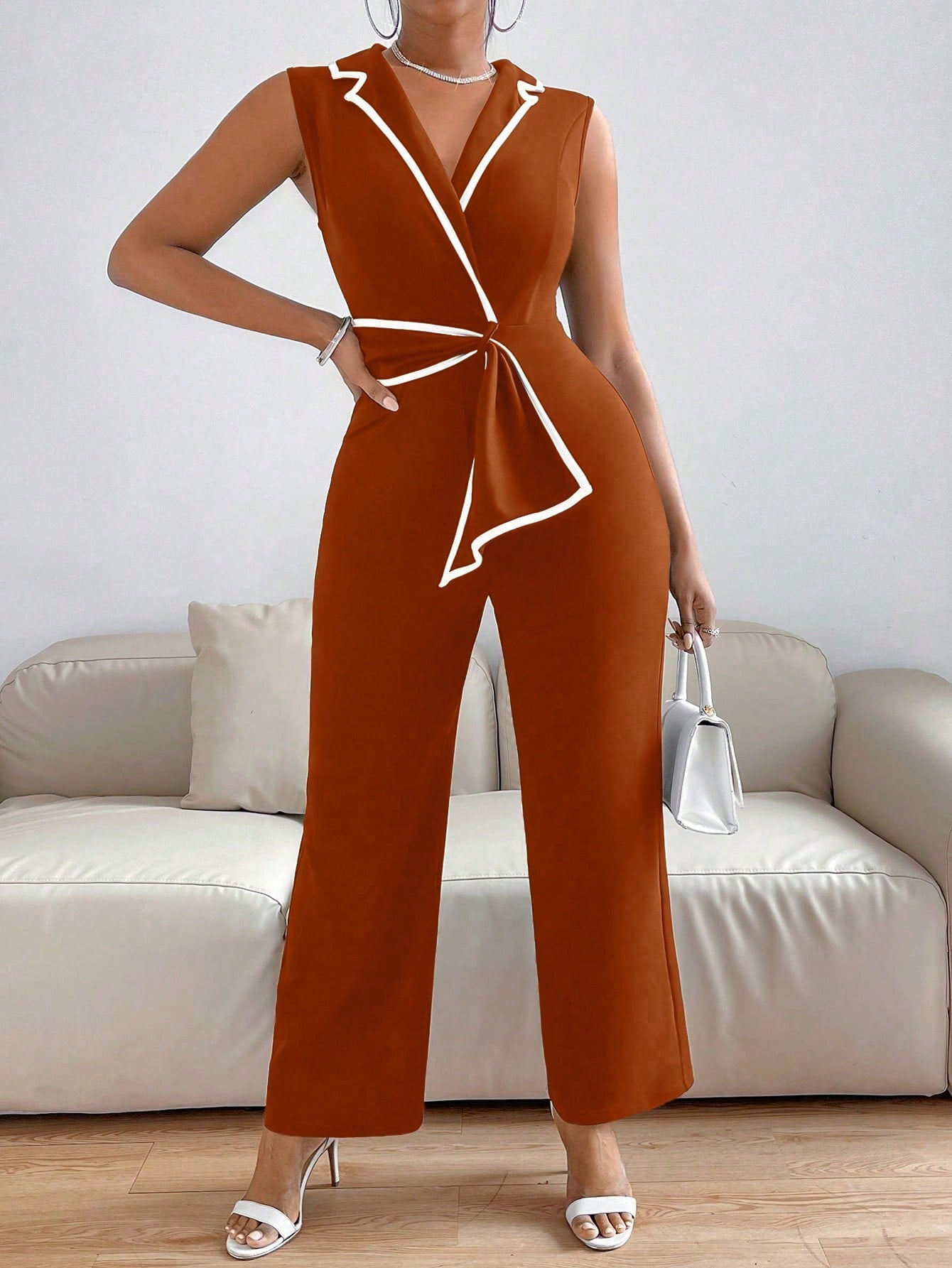 Privé Lapel Collar Contrast Binding Jumpsuit