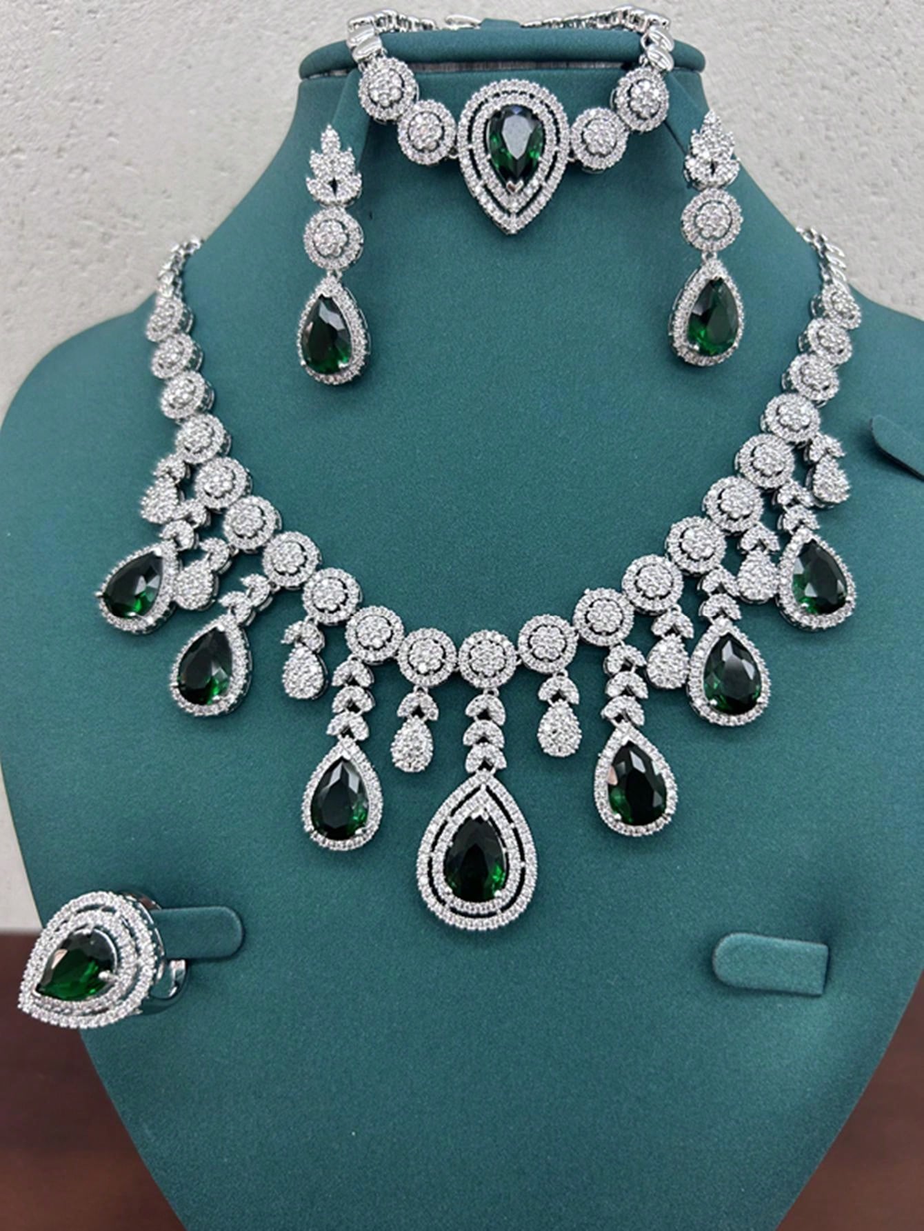 European And American Style Luxury Green Cubic Zirconia Jewelry Set, Including Earrings, Necklace, Ring, Bracelet, Perfect For Formal Occasions Such As Wedding Banquets And Bridal Wear