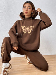 Essnce Butterfly Print Drop Shoulder Thermal Drawstring Hoodie & Sweatpants