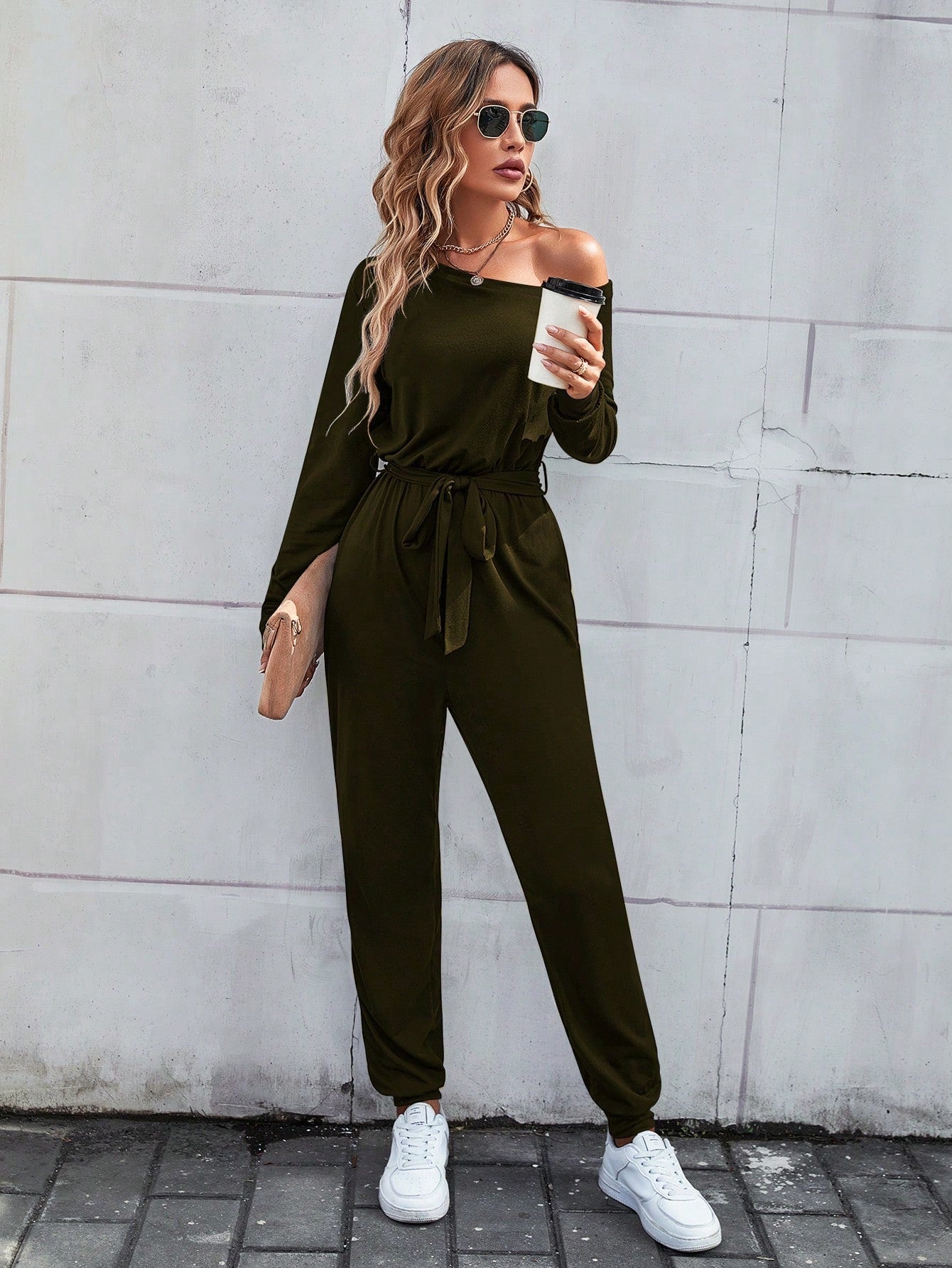 LUNE Solid Asymmetrical Neck Belted Jumpsuit