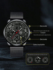 1pc Men's Black Stainless Steel Mesh Strap Minimalist Quartz Watch And 1pc Bracelet