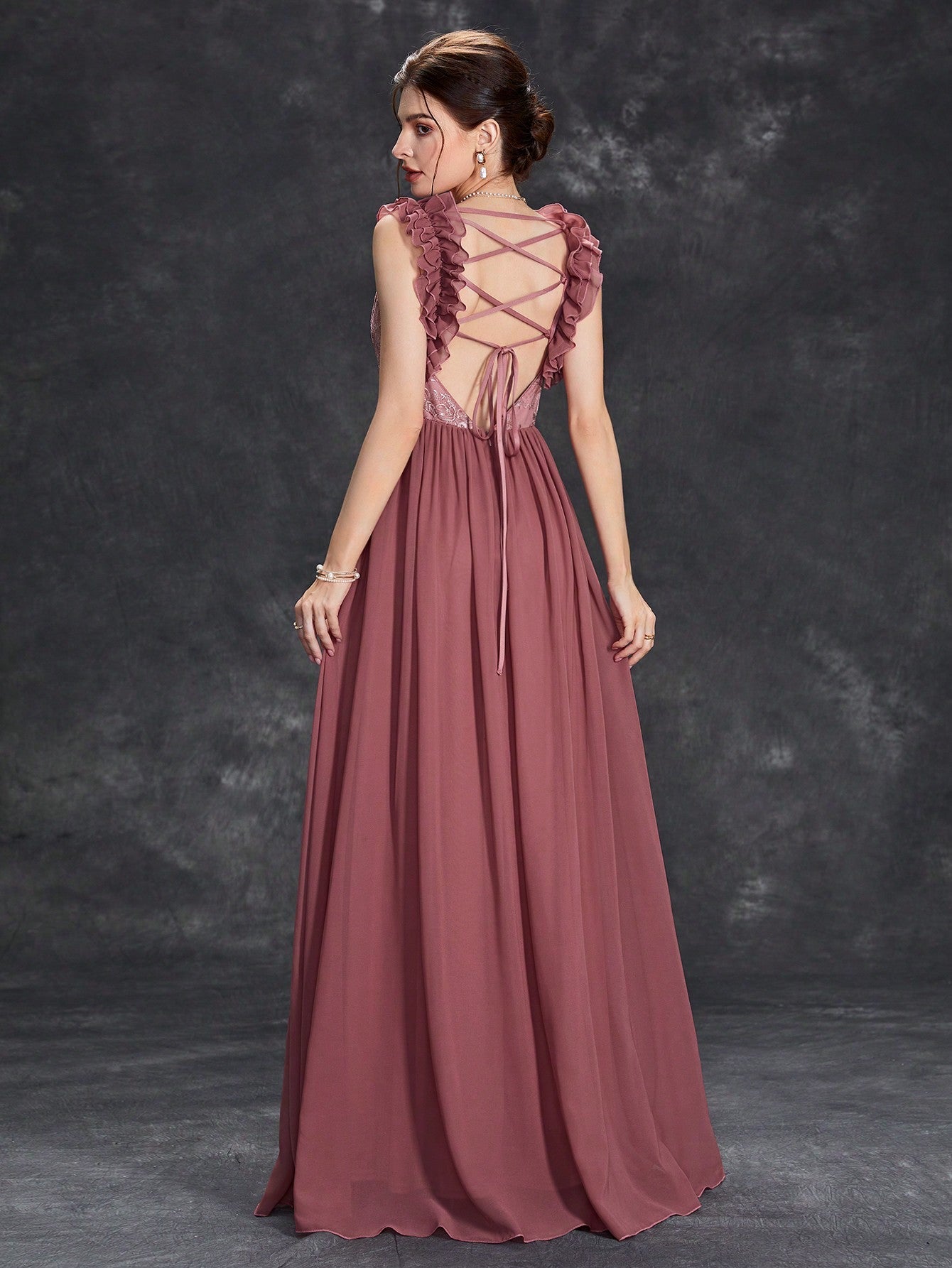 Unity Frill Trim Embroidery Detail Lace-up Backless Chiffon Formal Dress