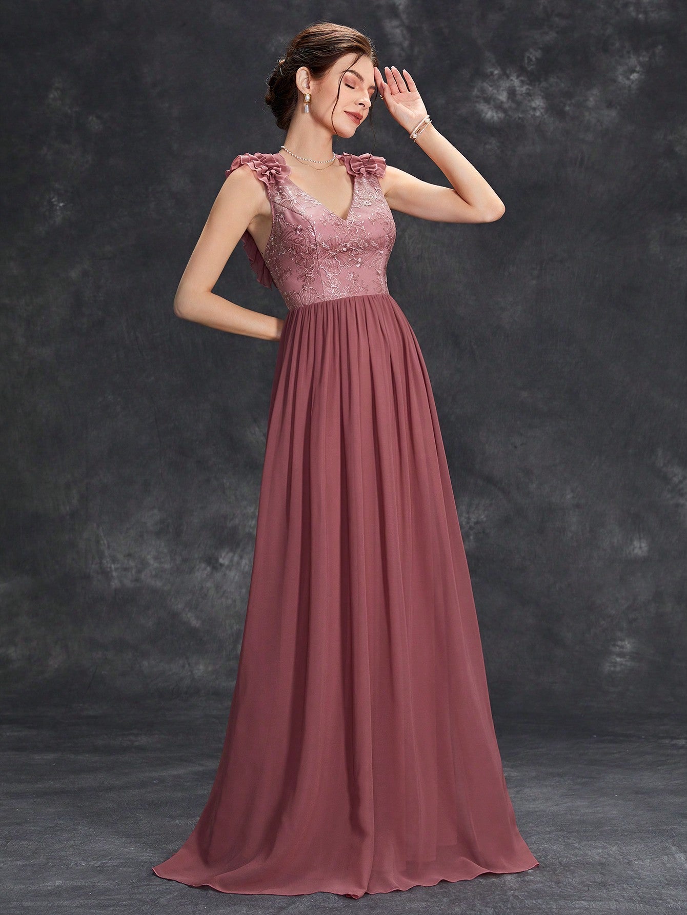 Unity Frill Trim Embroidery Detail Lace-up Backless Chiffon Formal Dress