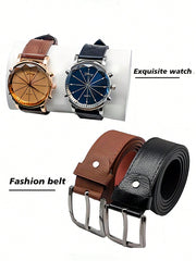 6pcs Men's Gift Set with Box Leather Belt Wallet Watch Glasses Keychain Ballpoint Pen Anniversary Birthday Gifts for Men Boyfriend Husband Son Dad