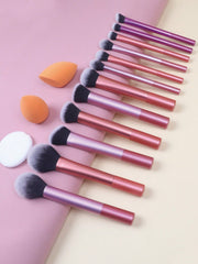 15pcs Multi-functional Makeup Brush Set Including Large Powder Brush, Blush Brush, Contour Brush, Foundation Brush, Concealer Brush, Eyeshadow Brush, Smudge Brush, Nose Shadow Brush, Blending Brush, Highlight Brush And More + 1pc Diagonal Cut Beauty Spong