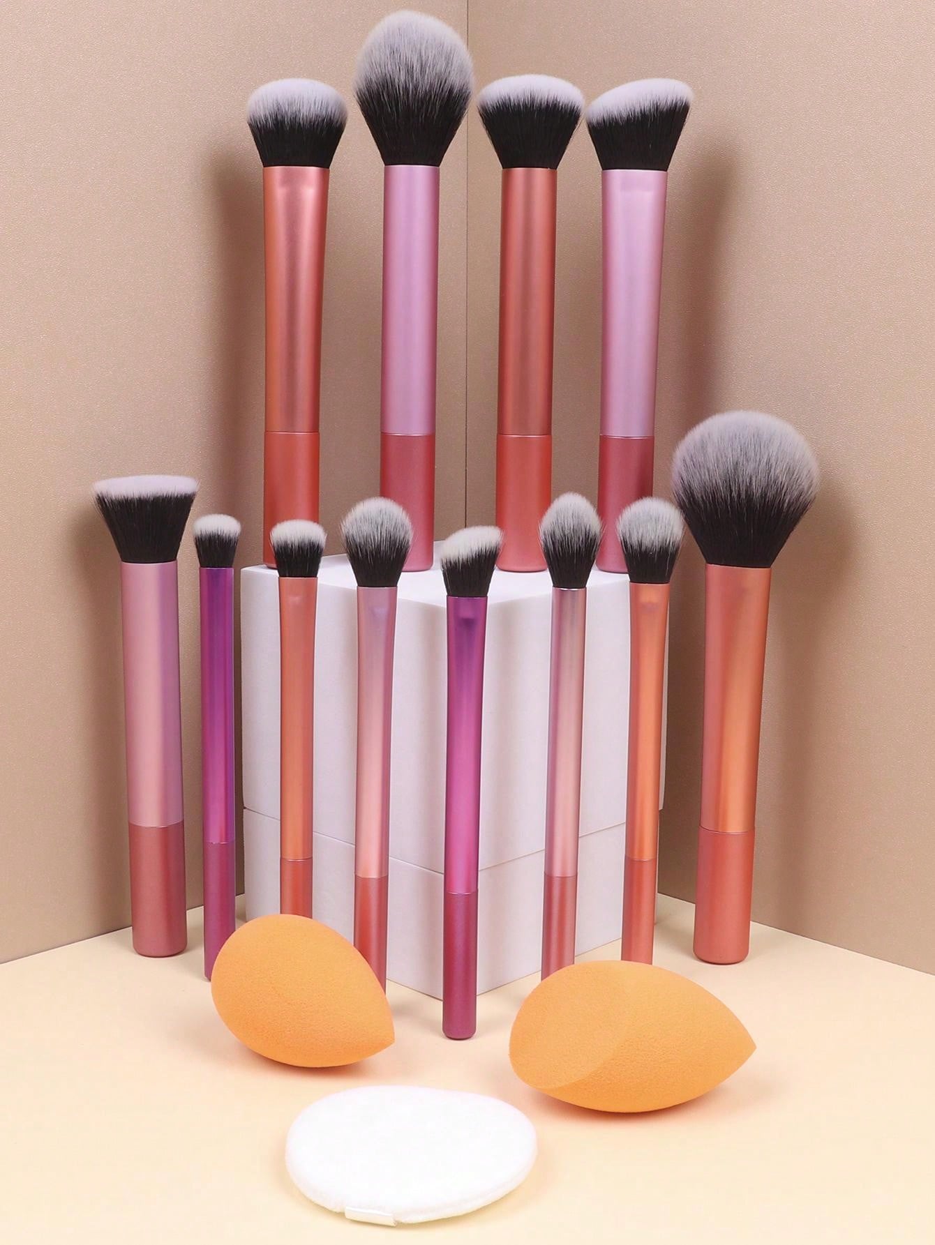 15pcs Multi-functional Makeup Brush Set Including Large Powder Brush, Blush Brush, Contour Brush, Foundation Brush, Concealer Brush, Eyeshadow Brush, Smudge Brush, Nose Shadow Brush, Blending Brush, Highlight Brush And More + 1pc Diagonal Cut Beauty Spong